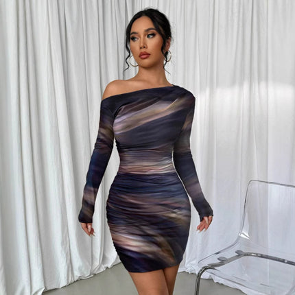 Pleated Slim Fit Long Sleeve Narrow Diagonal Collar Dress Women's Clothing