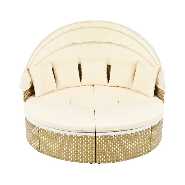 TOPMAX Patio Furniture Round Outdoor Sectional Sofa Set Rattan Daybed Two-Tone Weave Sunbed With Retractable Canopy, Separate Seating And Removable Cushion, Beige