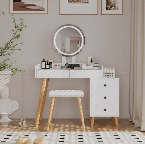 Kaptafel met LED-ligte, Glaskap, Uitskuifbare Syktafel, 5 Laaie, Spieël en Stoeltjie vir Slaapkamer