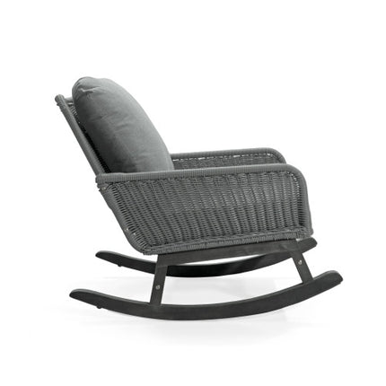 Contemporary Minimalist Ivory Wicker Rocking Chair With Soft Polyester Cushions And Durable Wooden Frame, Perfect For Indoor And Outdoor Spaces Like Patio, Balcony, Or Living Room