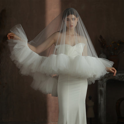 Swaar Nywerheid Gerimpelde Bruidsluier Wit Dubbellaag Studio Reis Foto Buite Pluizige Sagte Sluier
