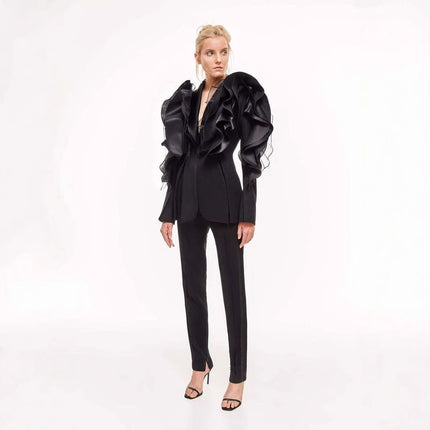 Black Three-dimensional Patchwork Ruffled Suit Asymmetric Slim Fit Slimming