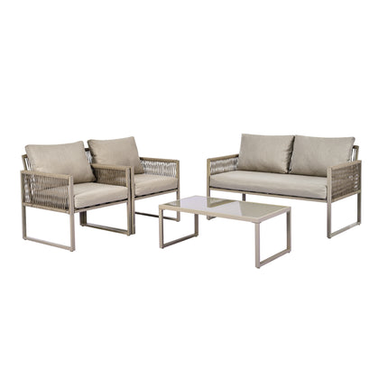 Outdoor Patio&Backyard Furniture Garden Lounge Set For 4 People, Thick Quality Space Saving Sofa With Glass Coffee Table, Khaki