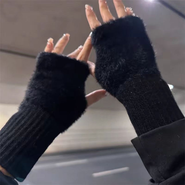 Plush Spliced Knitted Gloves, Fashionable Solid Color Fingerless Gloves With Thumb Holes, Soft And Multi-functional Writing Gloves For Cold Protection In Autumn And Winter