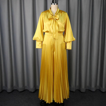 Sexy V-neck Bow Long Sleeve Top Elegant Pleated Wide Leg Trousers Suit