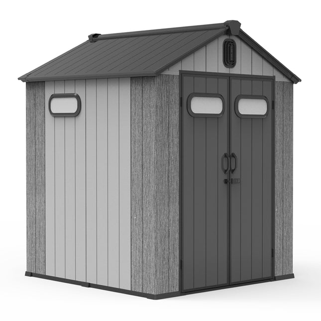 6x6 VT Buiteharsbergingstoets, Waterdigte Plastiektuinwerktuigskuur Met Sluitbare Deur, Vensters & Ventilasie, Buite Berging Werktuigskuur Vir Patio Meubels, Grassnyer, Fiets