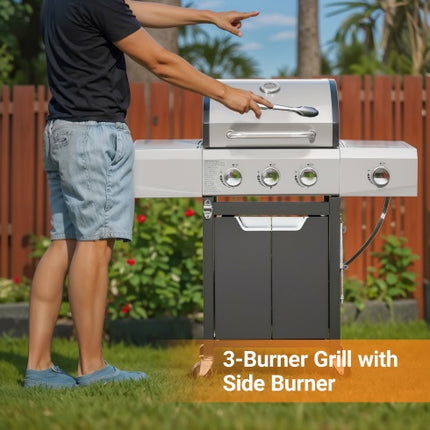 Propane Grill 3 Burner Barbecue Grill Stainless Steel Gas Grill With Side Burner And Cover For Outdoor BBQ, Camping