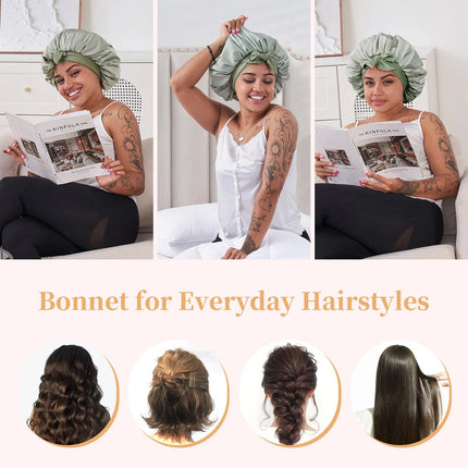 Silk Bonnet For Sleeping Women, Satin Hair Bonnet For Sleeping For Wavy Curly Natural Hair Women Men - Green