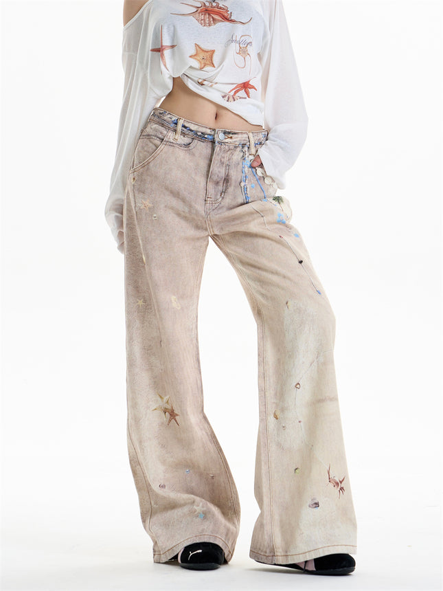 Retro Chain Print Worn Jeans Women's Straight Wide-leg Pants