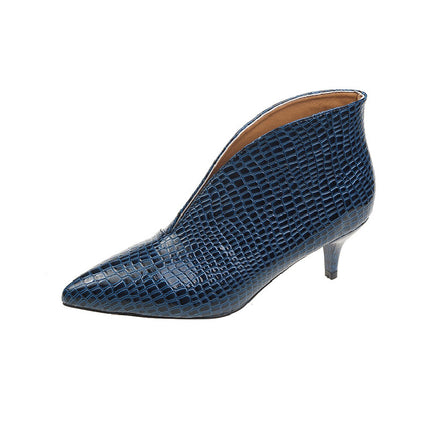 V Cut Women's Fashion Pointed Embossed Chunky Heel Martin Boots