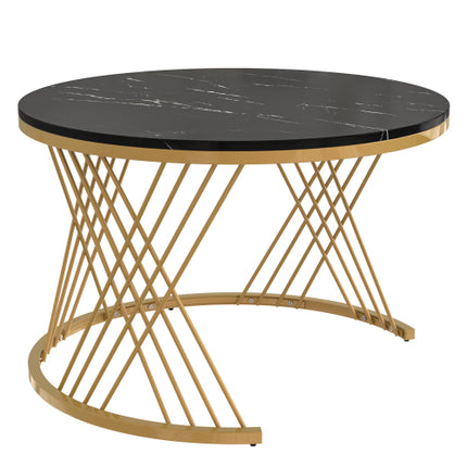 2-in-1 Ronde Koffietafel Gemaak Van MDF Met Marmergraan-Fineerblad, Rottanglaaie En Soliede Houthandvatsels. Goudkleurige Ysterpote. 70x70x45.5 50x50x38.5cm