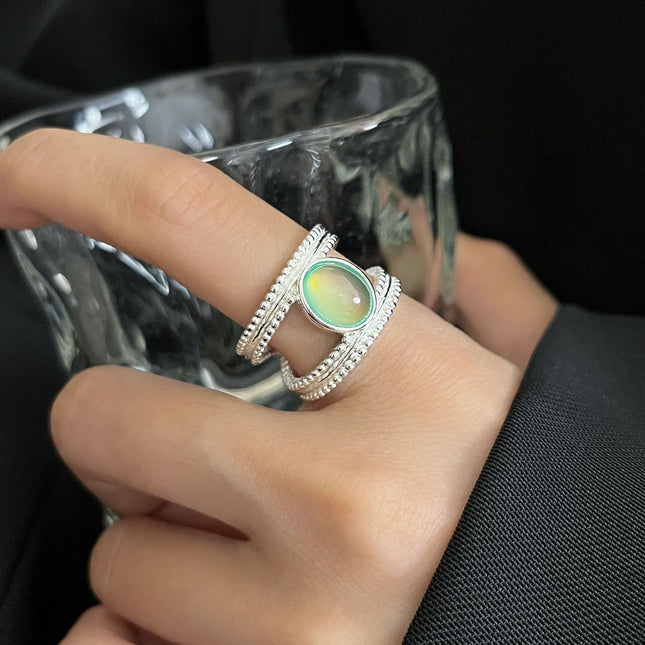 S925 Sterling Silwer Retro Groen Dubbelstreng-Ring Vir Vroue Oop-einde Verstelbaar