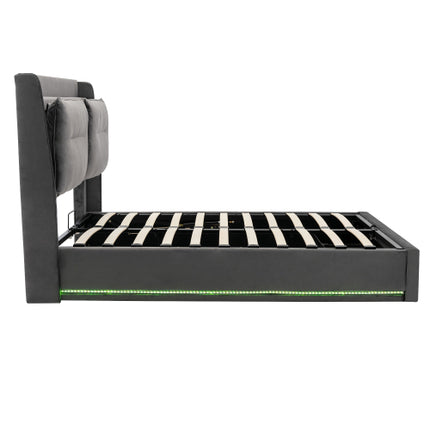 Upholstered Bed, 135x190  4ft6, Double Bed, Hydraulic Bed, 2-in-1 Storage Drawers At The End Of The Bed, Recessed LED Light Strips On Both Sides Of The Bed, Slatted Frame, Velvet,Dark Gray