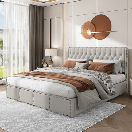 Gestoffeerde Bed, Dubbelbed-4vt6 135x190cm, met Hidrouliese Heffingsmeganisme, Funksionele Bergingsbed, Klinknaelversiering, Sonder Matras, Linne, Liggrys