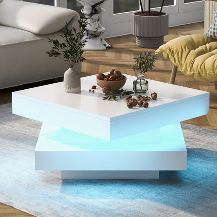 Wit Vierkant Hoogglans Koffietafel Met 360 Grade Draaiende Bo-oppervlak, Teetafel Met 16-Kleur LED-lig, 70x70x36 Cm