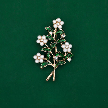 Fashionable Trendy Plant And Pearl Brooch In Alloy And Enamel