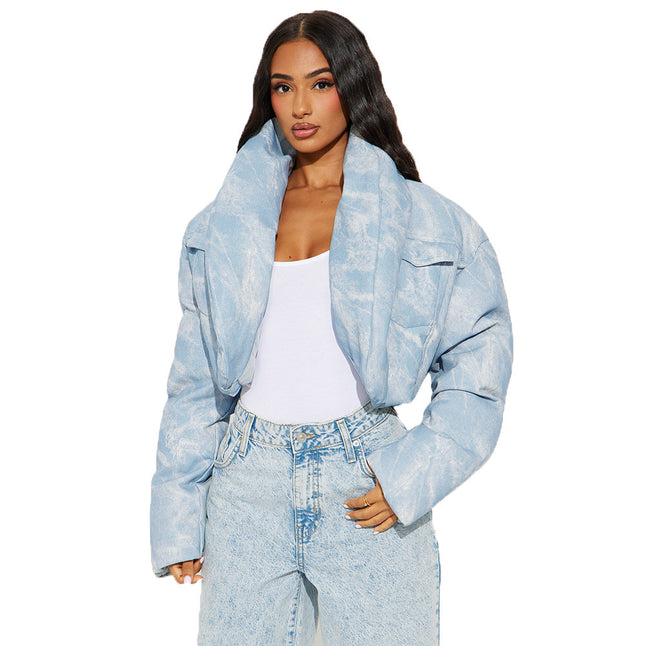 Quilted Scarf Stand Collar Pocket Long Sleeve Blooming Color Matching Short Cotton-padded Coat Coat For Women