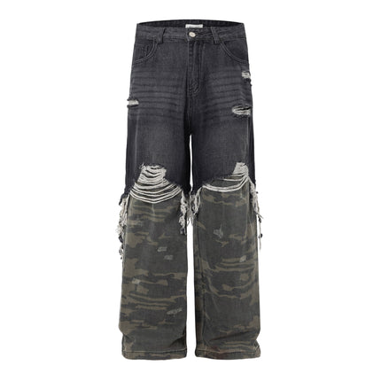 Men's American High Street Stitched Camouflage Wide Leg Jeans