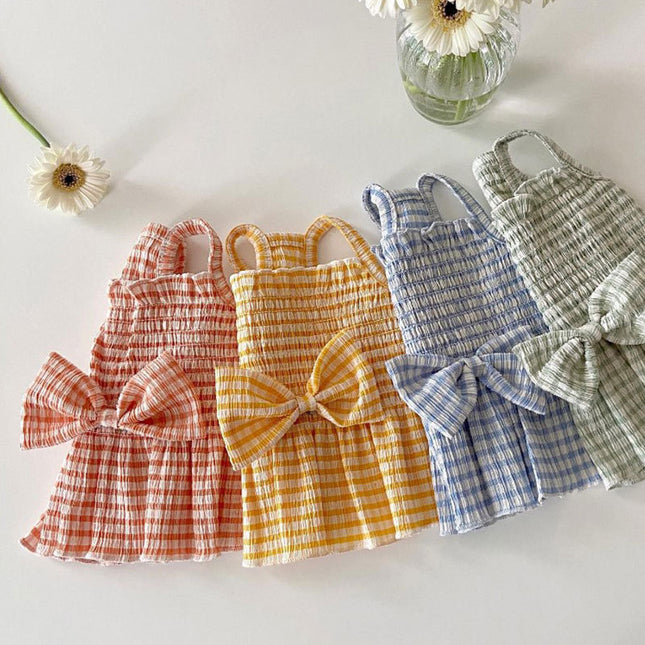 Spring And Summer Dog Bow Pleated Check Skirt