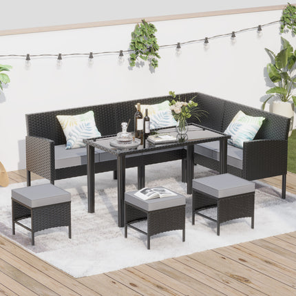 Kleinruimte Patio Meubels 7-stuk Buitelugmeubelstel, Agterplaasmeubelstel, Waterdigte Sitkussing, Glastafel, Ruimtebesparend, Geskik Vir Agterplaas, Terras Of Tuin, blou, grys