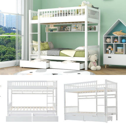 Stapelbed, Kinders, 3FT Soliede Denne Hout Enkelbedraam & Onderbed-laaistoor, Met Rak, Wit 90x190cm