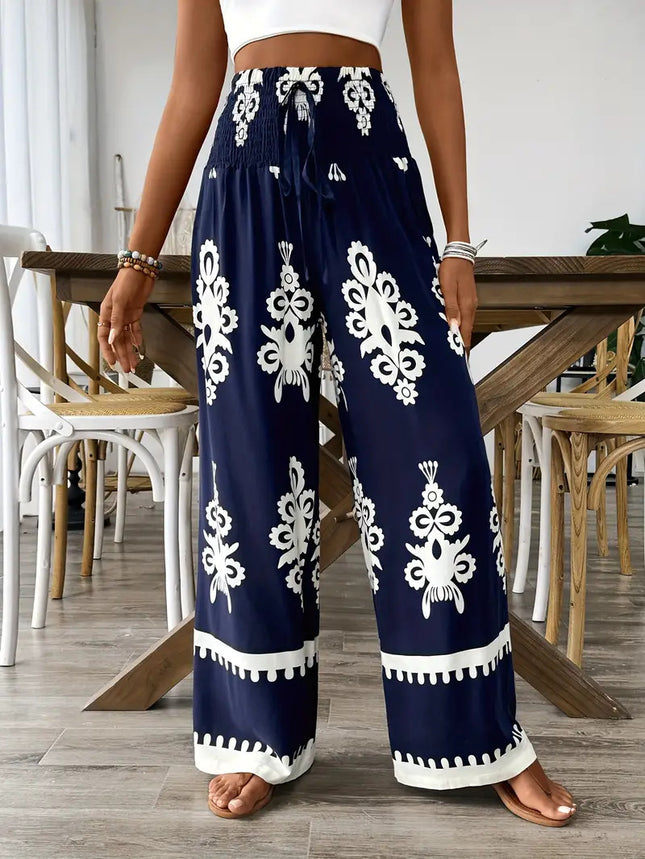 Women's 3D Pattern Lace-up Casual High Waist Print Wide-leg Pants