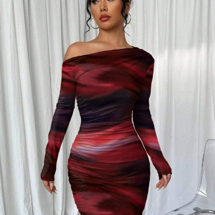 Pleated Slim Fit Long Sleeve Narrow Diagonal Collar Dress Women's Clothing
