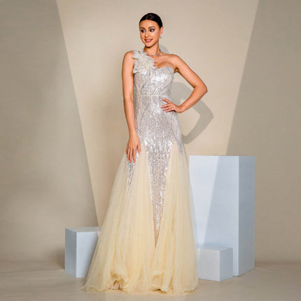 One-shoulder Diagonal Collar Slim-fit Sheath Sequined Slit Evening Dress