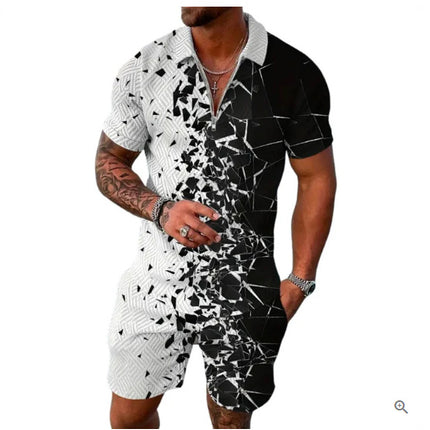Men's Summer Fashion 3D Printed Short Sleeve Geometric Zip Lapel Shirt Set