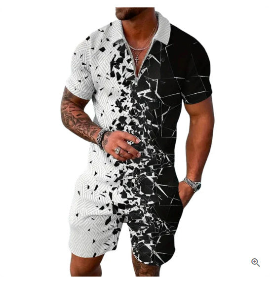 Men's Summer Fashion 3D Printed Short Sleeve Geometric Zip Lapel Shirt Set