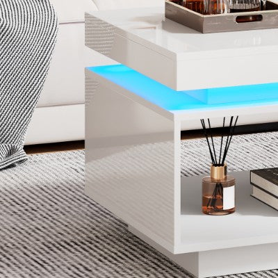 Hoëglans LED-koffietafel met laaistoorplek, Hout middeltafel met RGB LED-ligte Reghoekige teetafel vir sitkamermeubels, Wit koffietafel met oop uitstalrak