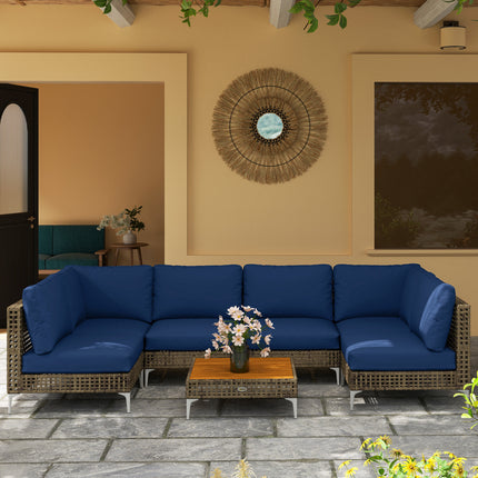 7-stuk Rattan Patio Meubelstel, Modulêre Buitelug-seksiebank met Verdikte Kussings, Akasiahouttafel, Bruin/Blou