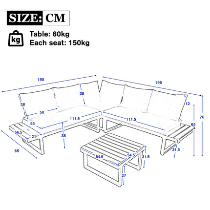 4-5 Sitplek Tuin Sitkamerstel, Gegalvaniseerde Ysterraam Buitenstoepmeubels, 4-stuk Stel, Kantelbare en Verstelbare Sitplek, WPC Tafelbladtafel Ingesluit, Grys Stof Swart Raam