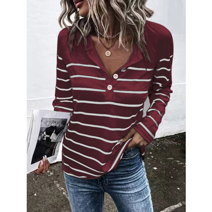 Striped Round Neck Button Casual Loose Long Sleeve