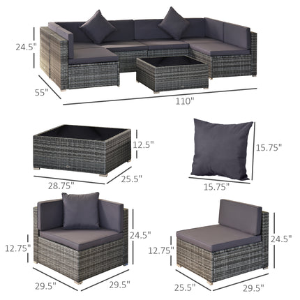 7-Stuk Rattan Patio Meubels Vir Agterplaas Buitelug Seksionele Bank Met Kussings Gehard Glas Koffietafel Kussings Grys