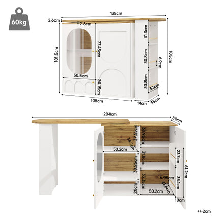 360° Draaiende Kroegtafel Liggaam 138 X 39 X 105 Cm, Koffiekroegmeubels, Draaiende Eettafel Met Bergspasie, Kookeiland, Twee Deure Met Rakke, Sytafel, Buffet, Wit