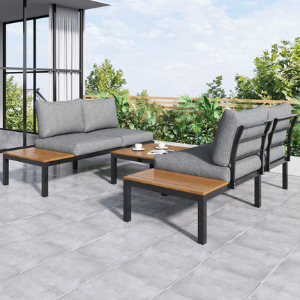 Buite Patio- & Agterplaasmeubels Tuinrusbankstel Vir 4 Mense, Ruimtebesparende Dik Kwaliteit L-vormige Hoekbank Met Houttafel, Grys