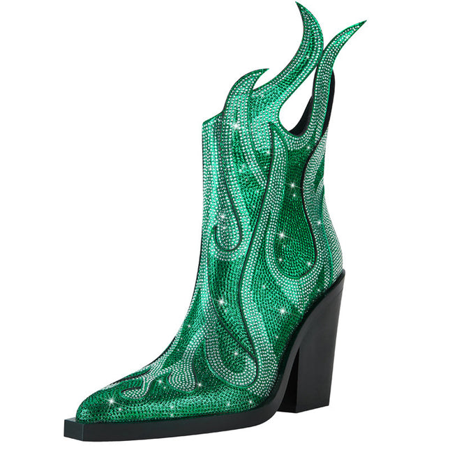 Nuwe Sexy Blokhak-Stiletto Rhinestone Vlam Martin Stewels