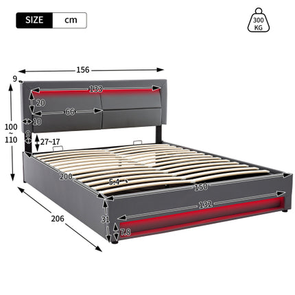 Gestoffeerde Bed 150 X 200 Cm, King Size Bed-5vt, met USB-poort Ondersteun Draadloos en Bedrade Laai, met LED-beligting en Bergingspasie, Sonder Matras, PU-litjiepatroon, Grys