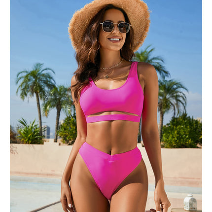 European And American Beauty Back High Waist Triangle Solid Color Nylon Bikini Swimsuit