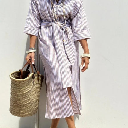 Striped Shirt Dress With Belt Fashion Half-sleeved Lapel Button Cardigan Dresses Women's Clothing