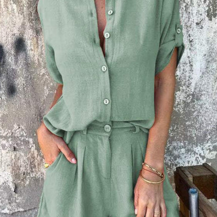 Short-sleeved Suits Fashion Lapel Button Shirt Top And Pocket Shorts Women's Clothing