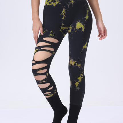 Butt Lifting Yoga Gym Athletic Pants, Hollow Out Tummy Control Sports Leggings Tie Dye Running Pants