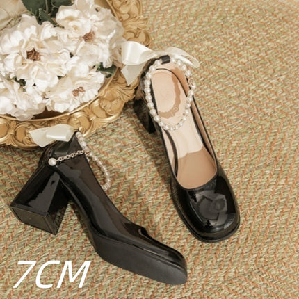 Mary Jane Shoes Pearl Ribbon Patent Leather Fairy Style