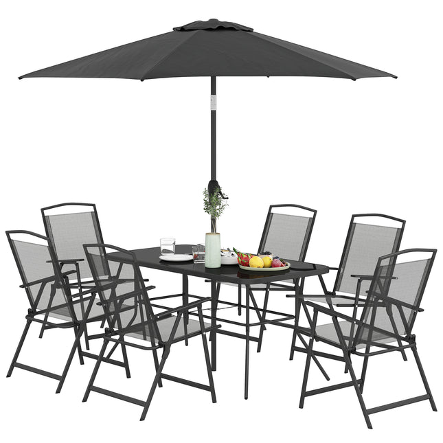 8 Stuk Buiten Eetstel, Patio Meubelstel met Sambreel, 6 Opvoubare Stoele, Reghoekige Tafel en Maassitplek, Swart