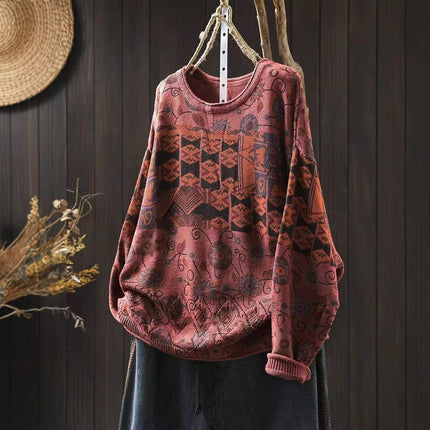 Women's Vintage Printed Cotton Knitted Sweater Round Neck