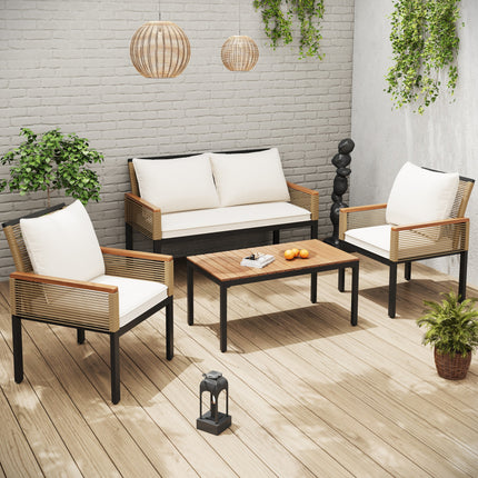 Garden Lounge Set, Garden Furniture Set With Comfortable Cushions, Double Sofa, 2 Armchairs And Table, Outdoor, Rattan, Table And Chairs, Beige