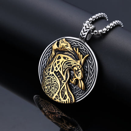 Persoonlike Wolfkop-Totem Titaanstaal Swart-en-Goud Kontras-Hanger