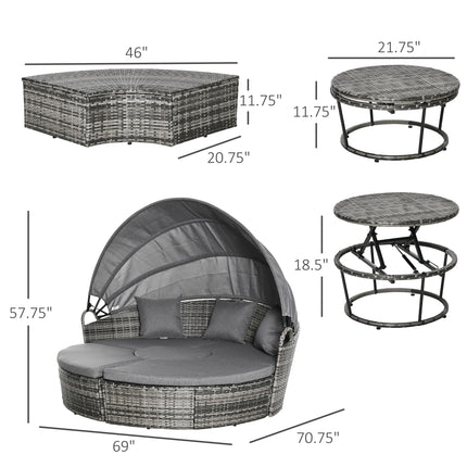 4-stuk Ronde Rottang Dagbed, Omskepbare Patio Meubelstel, Verstelbare Sonskerm, Afdeling Buitelugbank, 2 Stoele, Uitskuifbare Teetafel Ottoman Stoel, 3 Kussings, Grys