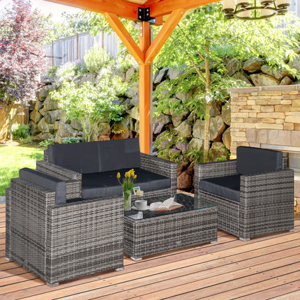 4-stuk Wicker Patio Meubelstel met Kussings, Buitelug Seksionele Meubels met 2 Banke, Liefdesitplek, en Glaskoel koffietafel, Gespreksbankstelle vir Tuin, Swart
